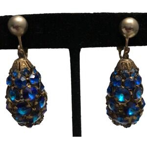 Vintage Blue Rivoli Crystal Ball Prong Set Dangle Earrings Clip On Pear Shape